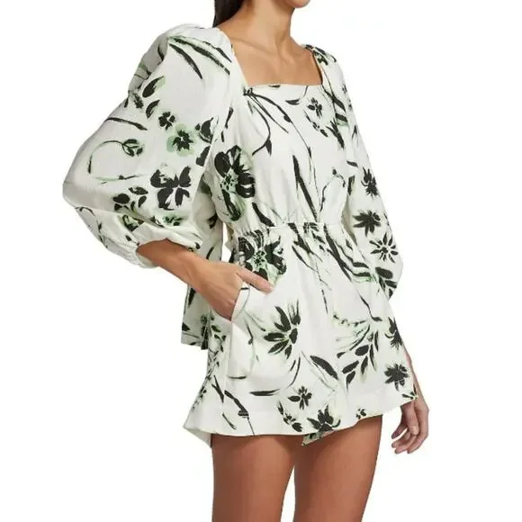 NWT Tanya Taylor‎ Stevie Romper Size Small Floral Linen Square Neck Puff Sleeve